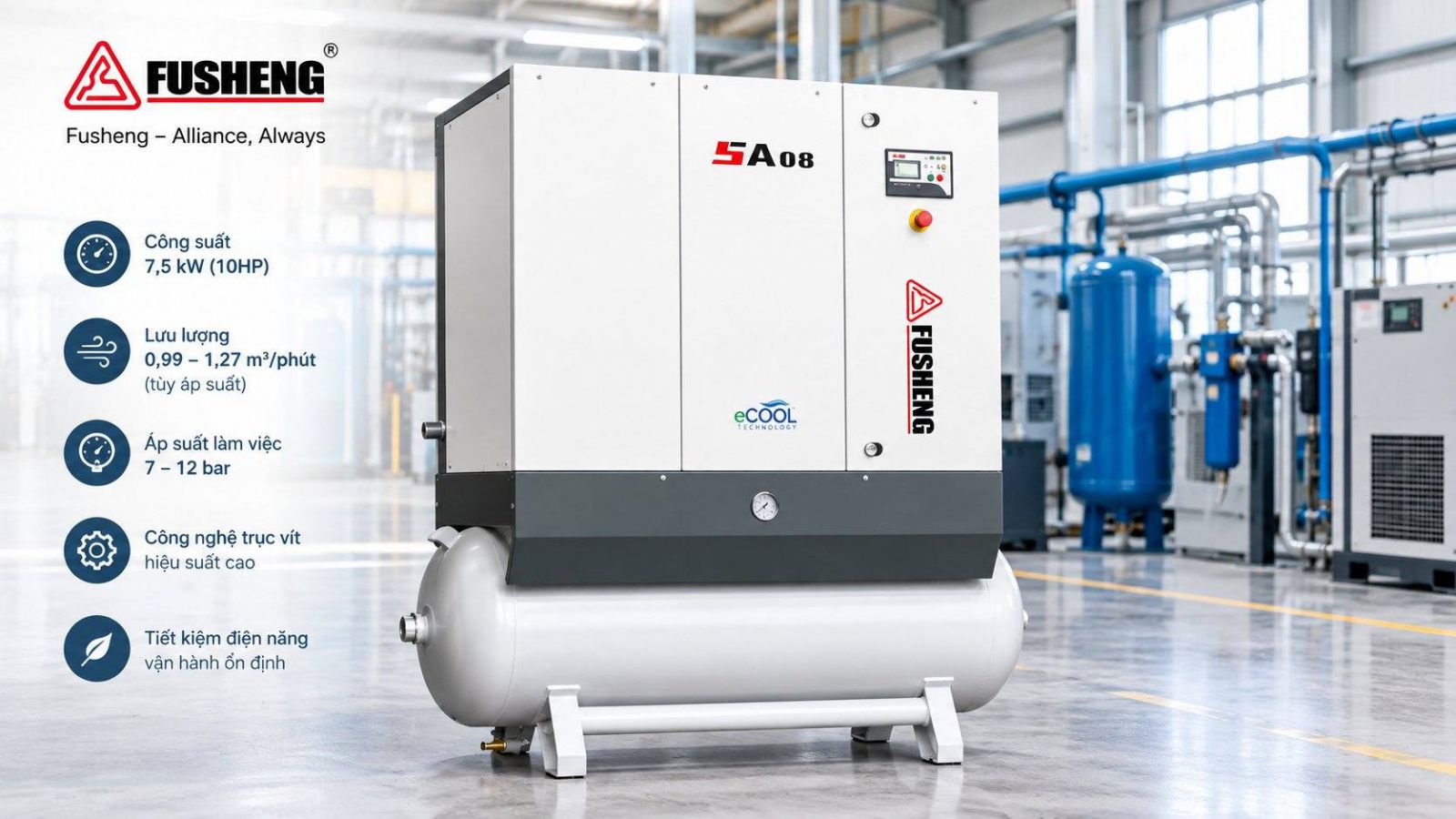 Máy nén khí 10HP Fusheng SA08 công suất 7.5kW
